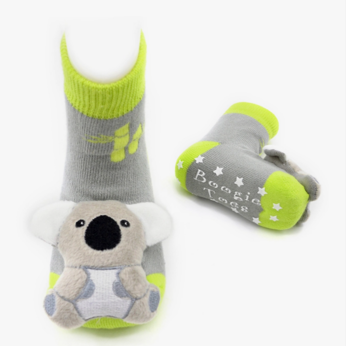 Piero Liventi Boogie Toes rattle baby sock featuring gray sock with green cuff, heel, and toe and gray koala bear on display feet