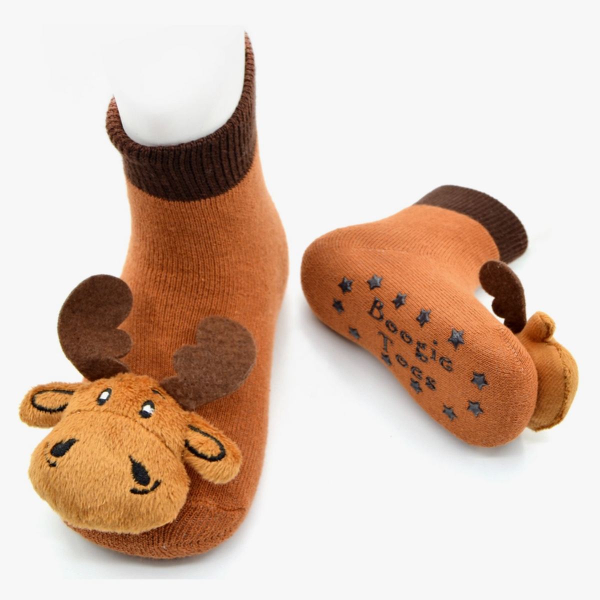 Piero Liventi Boogie Toes rattle baby sock featuring brown sock with brown moose on display