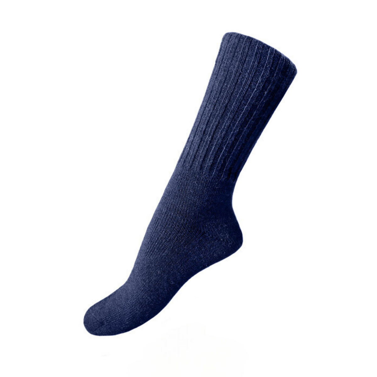 Navy Classic Alpaca Casual women&#39;s and men&#39;s crew socks with ribbing on display