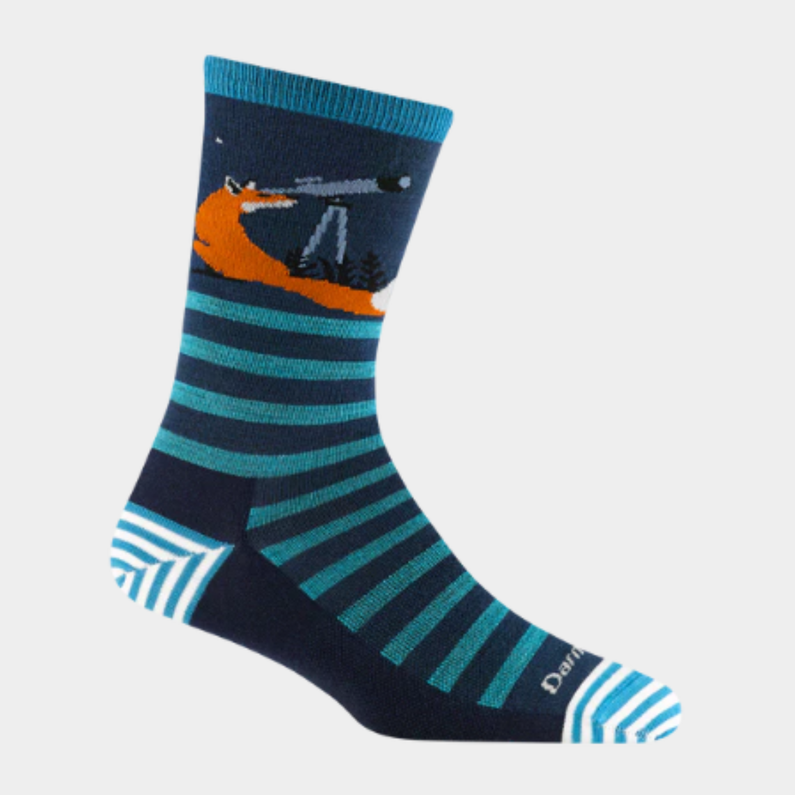 Darn Tough 6037 Animal Haus Lightweight Cushion Crew women's sock featuring navy blue sock with teal stripes and fox looking through telescope at top. Sock shown on display foot. 
