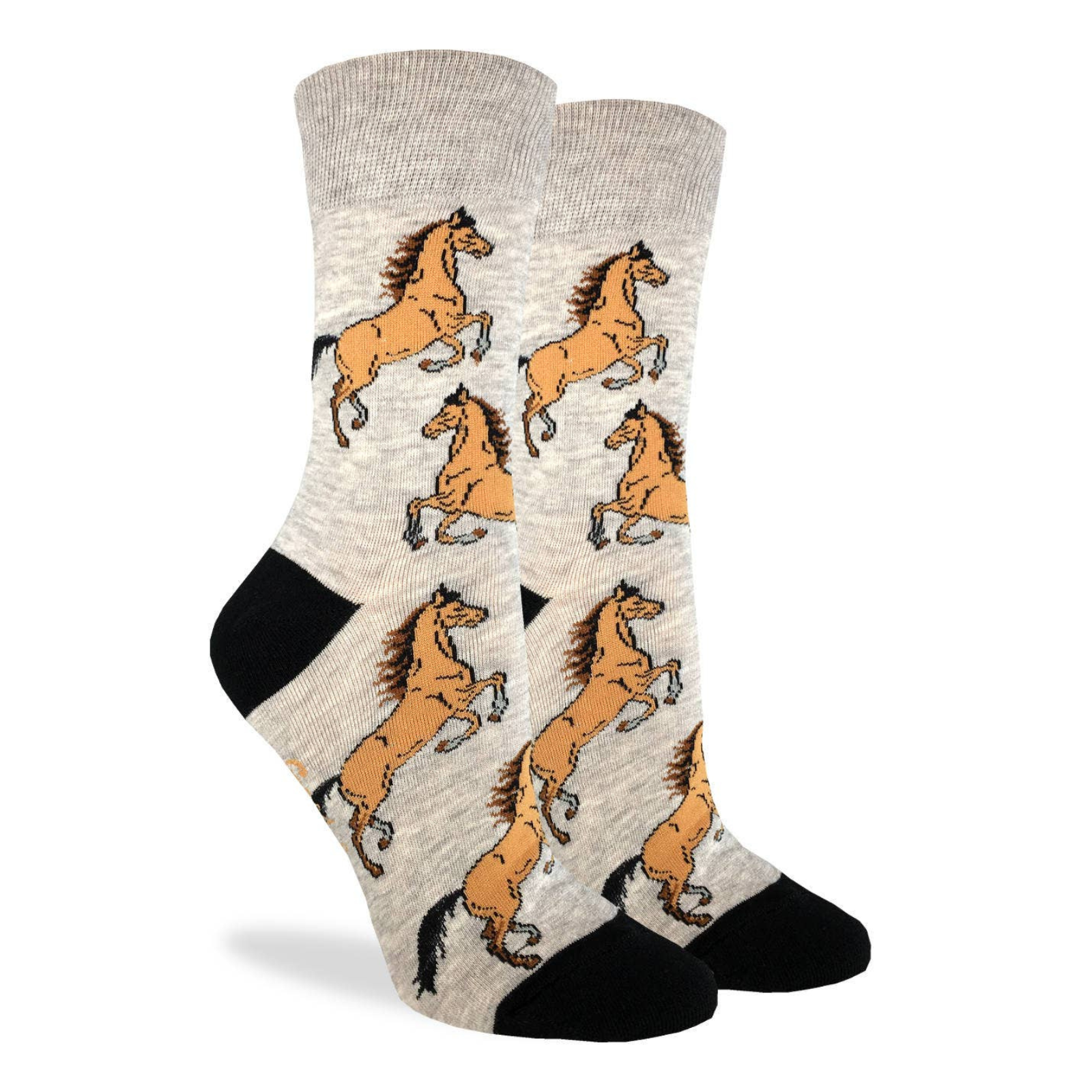 Good Luck Sock women's gray crew sock with brown horses all over on display feet