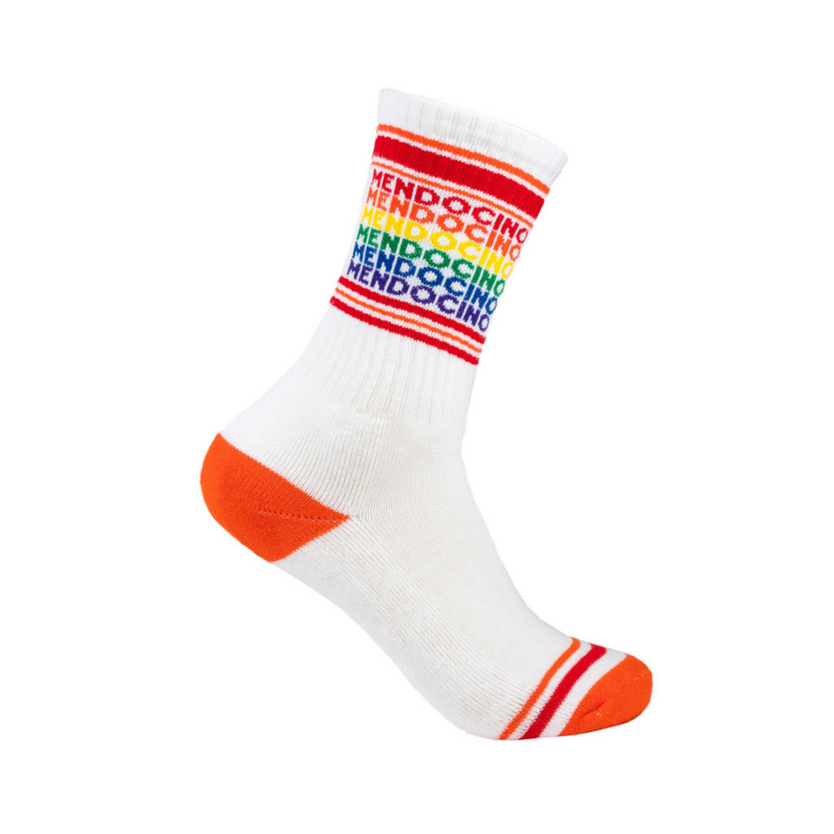 Gumball Poodle Mendocino women&#39;s and men&#39;s sock featuring &quot;Mendocino&quot; in rainbow colors on white sock on display foot