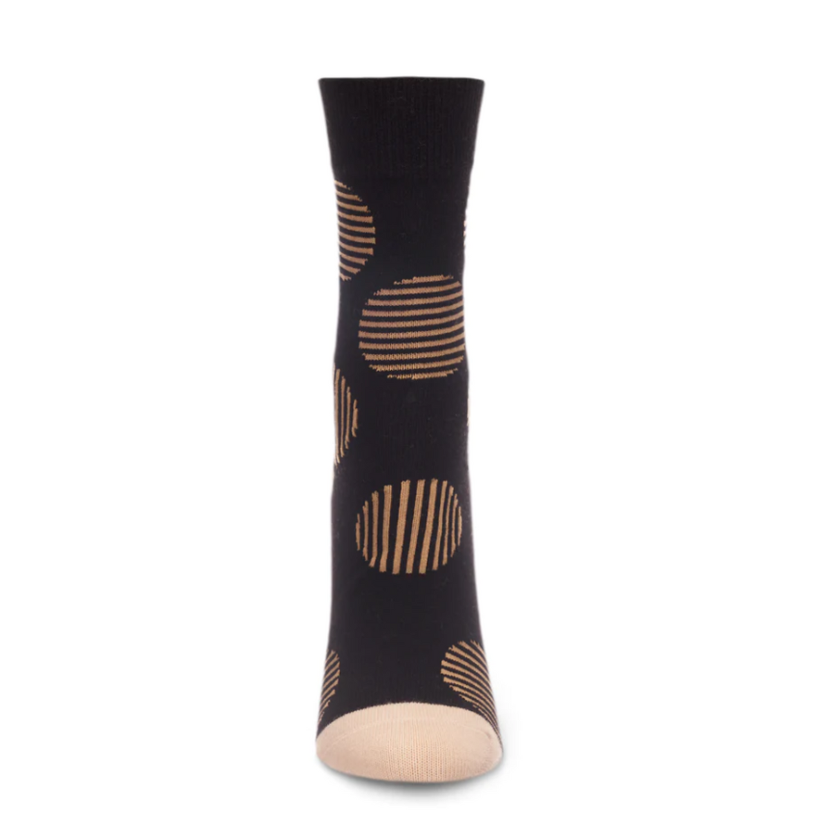 MeMoi Retro Circle women&#39;s Crew sock featuring black sock with brown stripes in circle patterns all over. Socks shown on display foot from front.. 