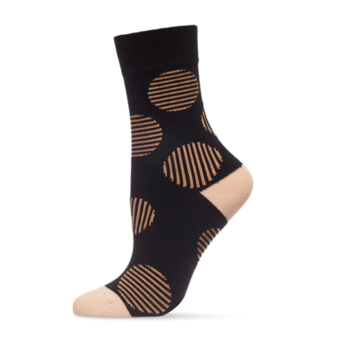 MeMoi Retro Circle women&#39;s Crew sock featuring black sock with brown stripes in circle patterns all over. Socks shown on display foot from side.