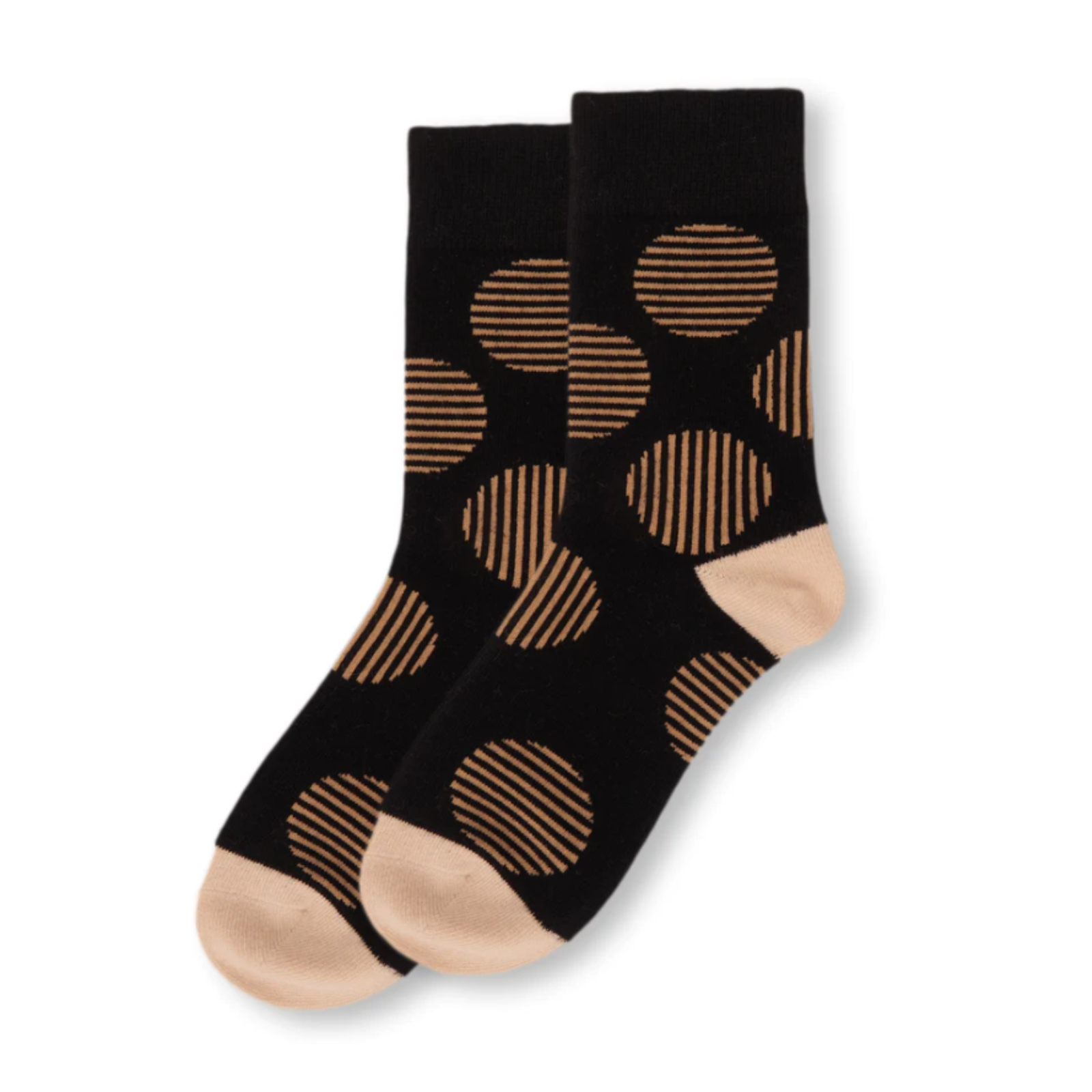 MeMoi Retro Circle women's Crew sock featuring black sock with brown stripes in circle patterns all over. Socks shown on display laying flat. 