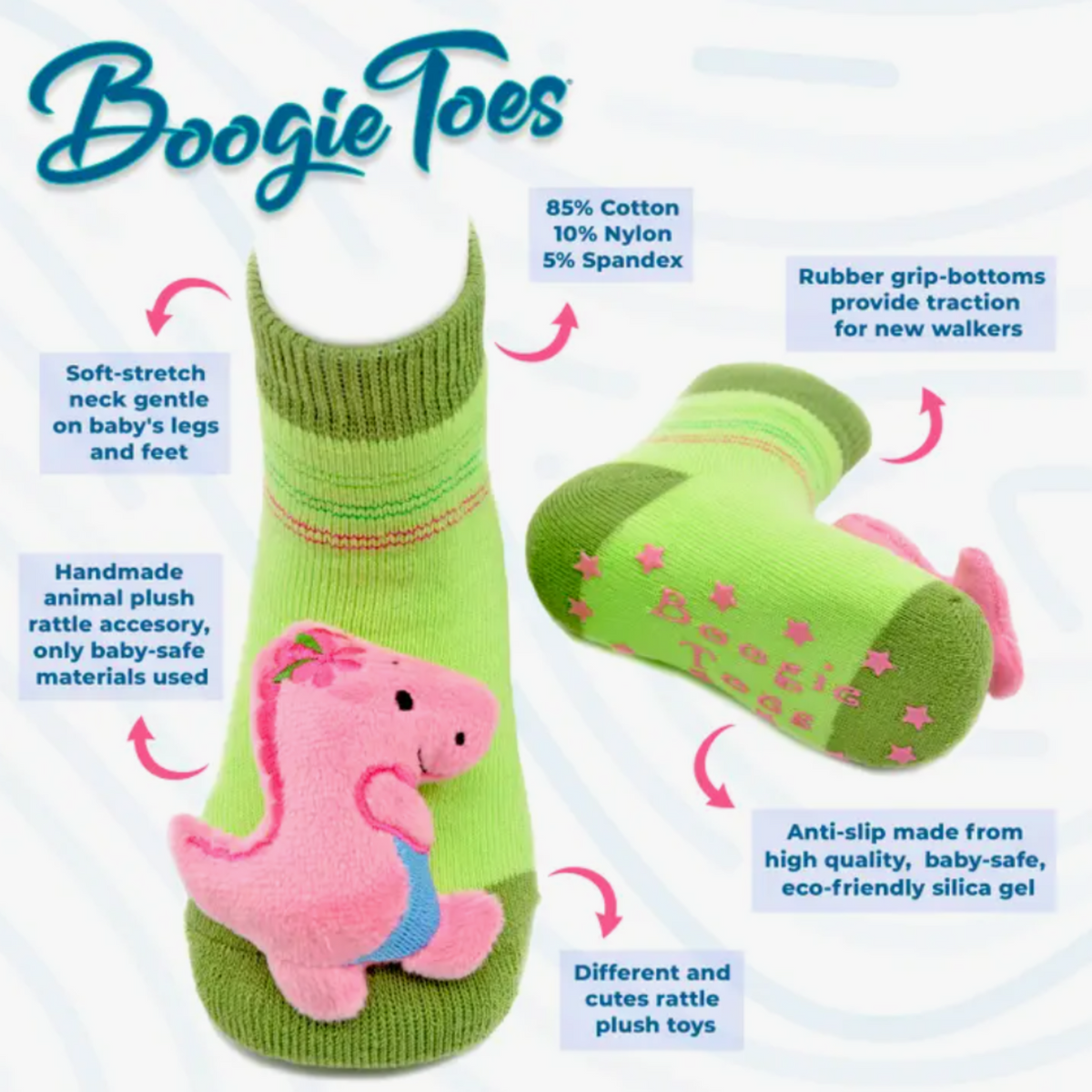 Piero Liventi Boogie Toes rattle baby sock featuring green sock with pink dinosaur on display feet with information