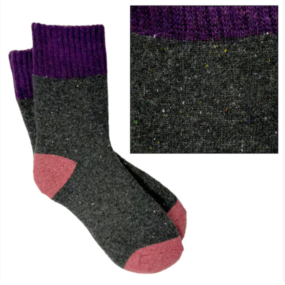 Rainbow Unicorn Birthday Surprise Camilla women&#39;s micro-crew socks featuring charcoal sock with pink toe and purple cuff on display
