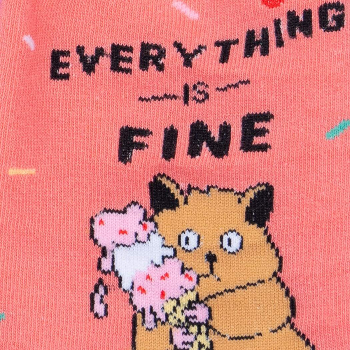 Sock It To Me Everything is Fine women&#39;s pink crew sock detail featuring &quot;Everything Is Fine&quot; with hamster holding ice cream cone