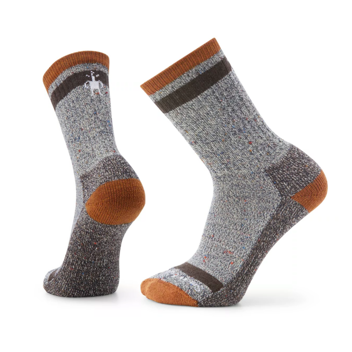 Acorn Smartwool Larimer Crew men&#39;s sock featuring gray sock with acorn brown and dark brown bands around top. Acorn brown cuff, heel, and toe. Shown on display feet. 