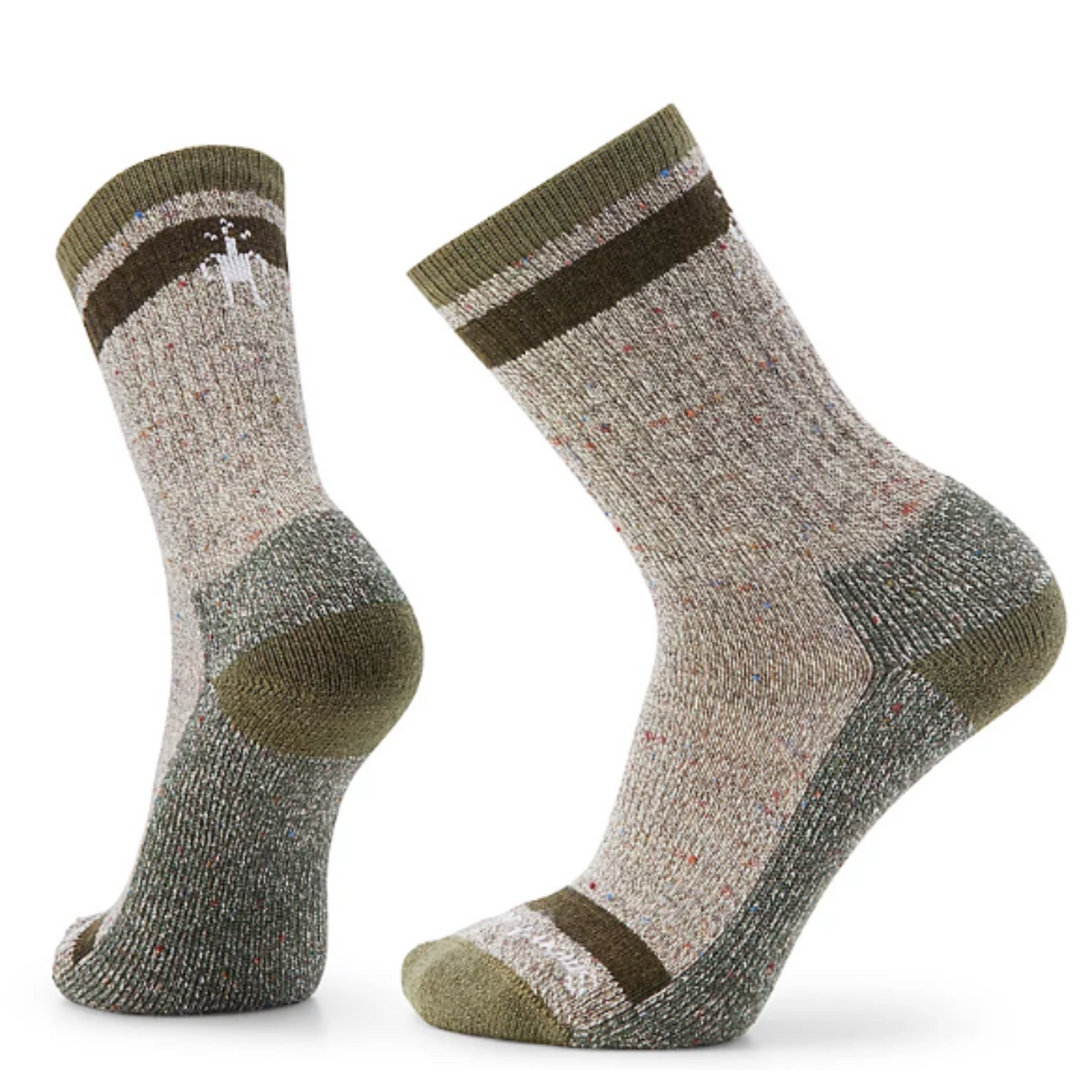 Winter Moss Smartwool Larimer Crew men&#39;s sock featuring gray sock with moss green and brown bands around top. Moss green cuff, heel, and toe. Shown on display feet. 