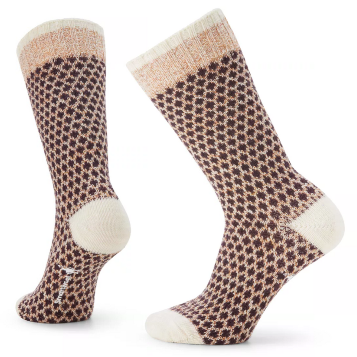 Smartwool Popcorn Polka Dot Crew women&#39;s sock featuring white and brown pattern all over with white toes and heel. Socks shown on display feet. 