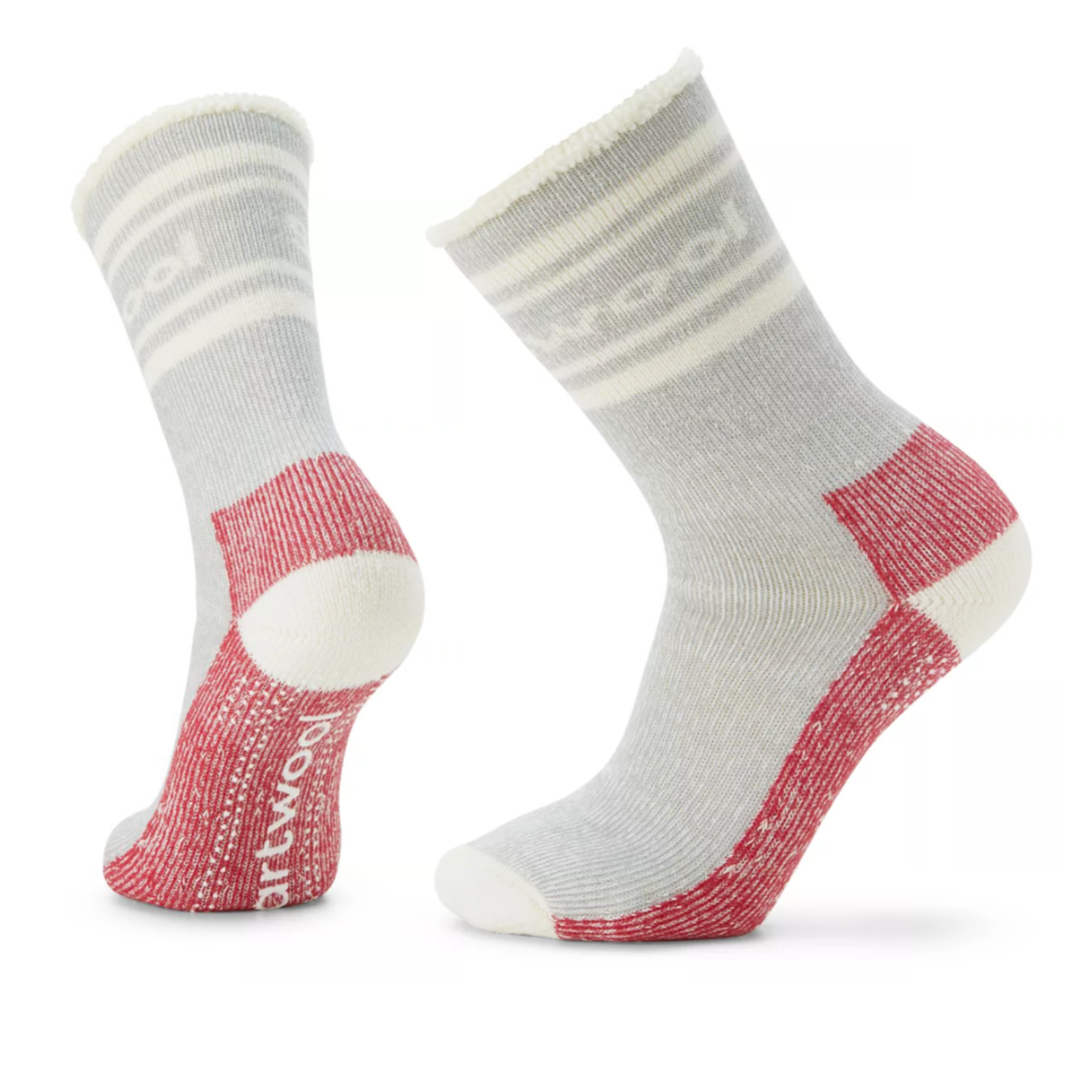 Medium Gray Smartwool Everyday Slipper Crew women's and men's sock featuring gray sock with white cuff, toe, and heel and red sole. "Smartwool" written across top of sock below cuff. Socks shown on display feet. 