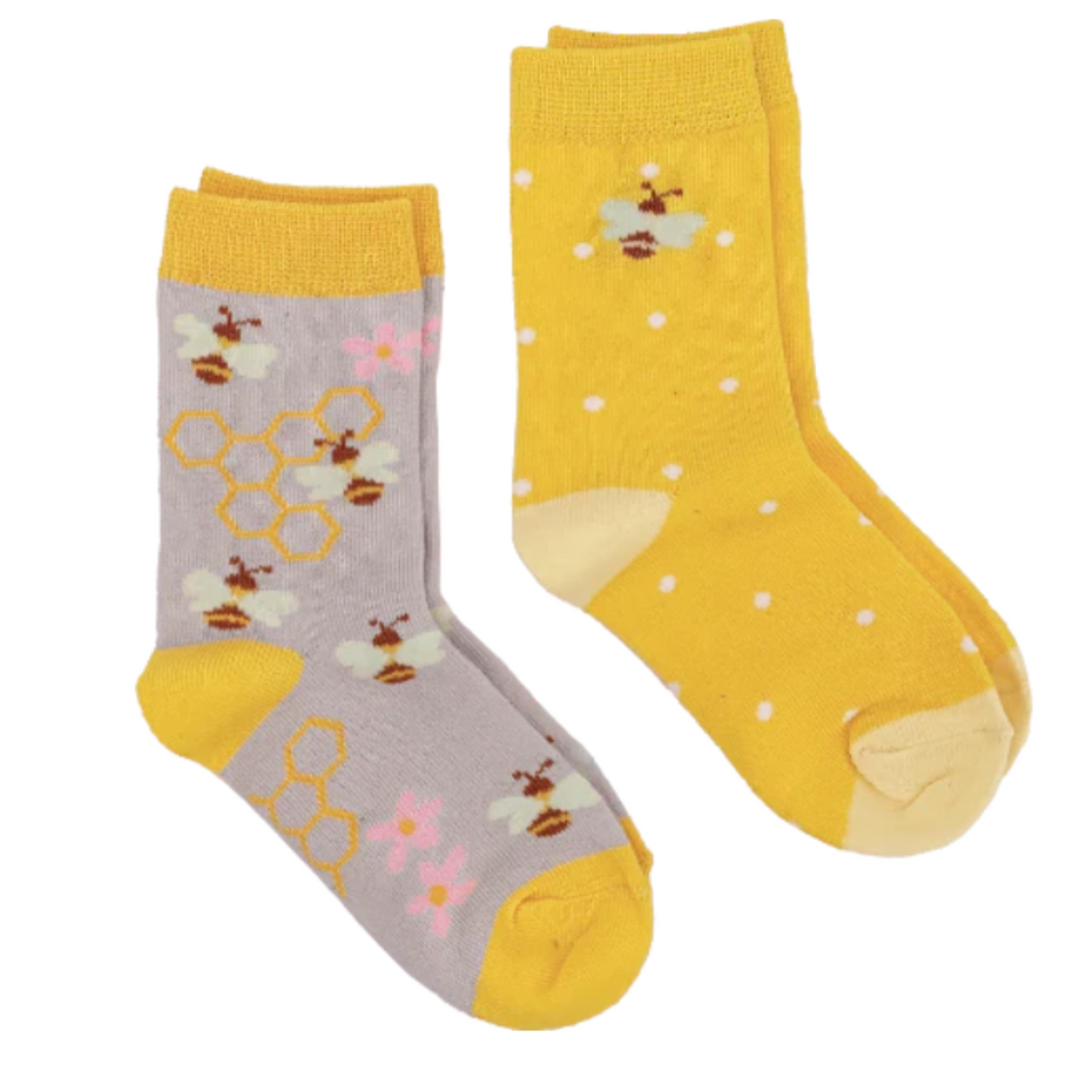 Sock Harbor Bees 2-pack kids&#39; crew socks featuring gray sock with images of bees, flowers, and honeycomb and yellow sock with bee and white polka dots. Socks shown flat on display. 