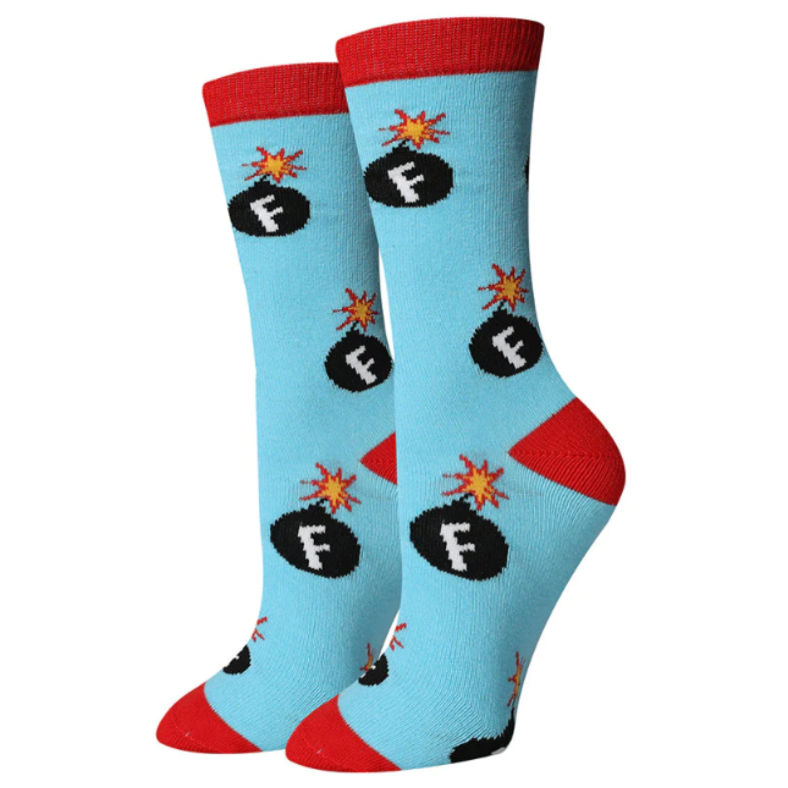Sock Harbor F Bomb women's and men's sock featuring light blue sock with red cuff, toe, and heel and black bombs with F on it on display feet
