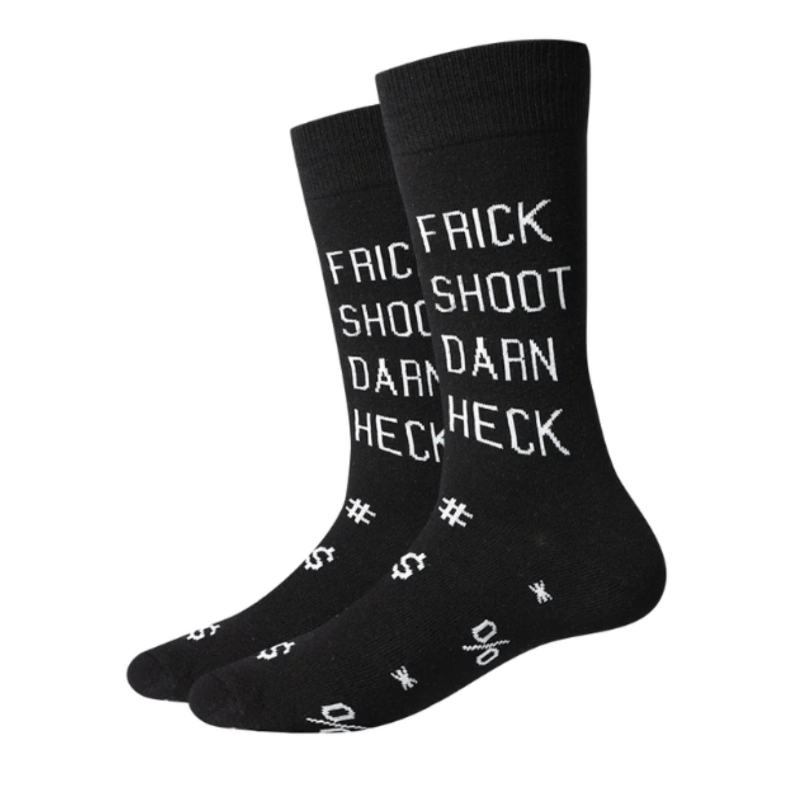 Sock Harbor Frick Shoot men's sock featuring black sock with words "Frick, Shoot, Darn, Heck" and punctuation marks in white font on display feet