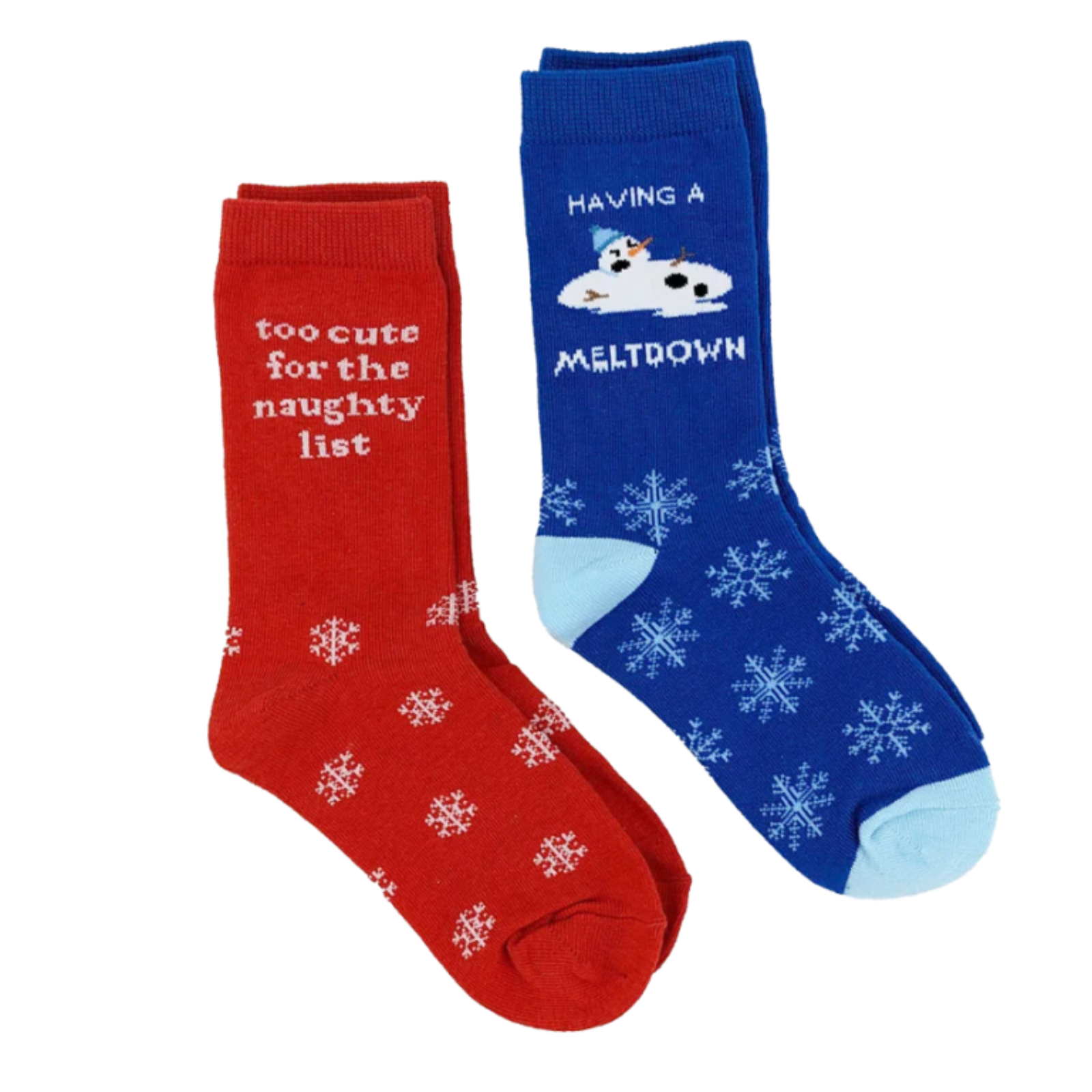 Sock Harbor Holiday 2-pack kids' crew socks featuring red sock with snowflakes that says "Too cute for the naughty list" and blue sock with snowflakes and melting snowman that says "Having a meltdown". Socks shown laying flat on display. 