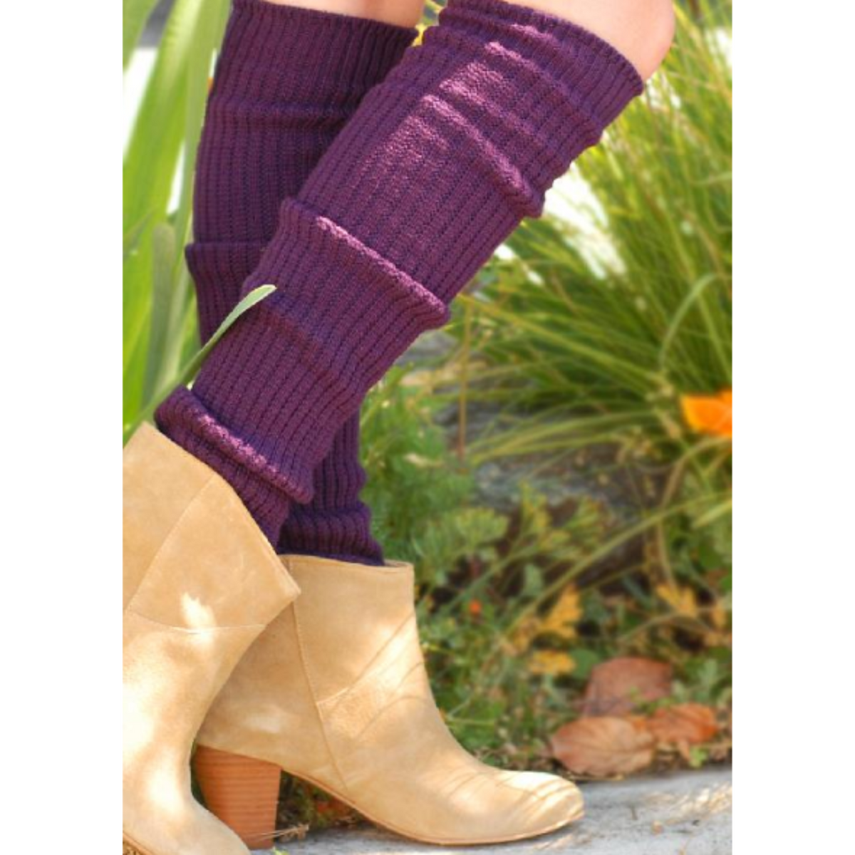 Tabbisocks Scrunchy Over the Knee women&#39;s socks shown in purple color on model.