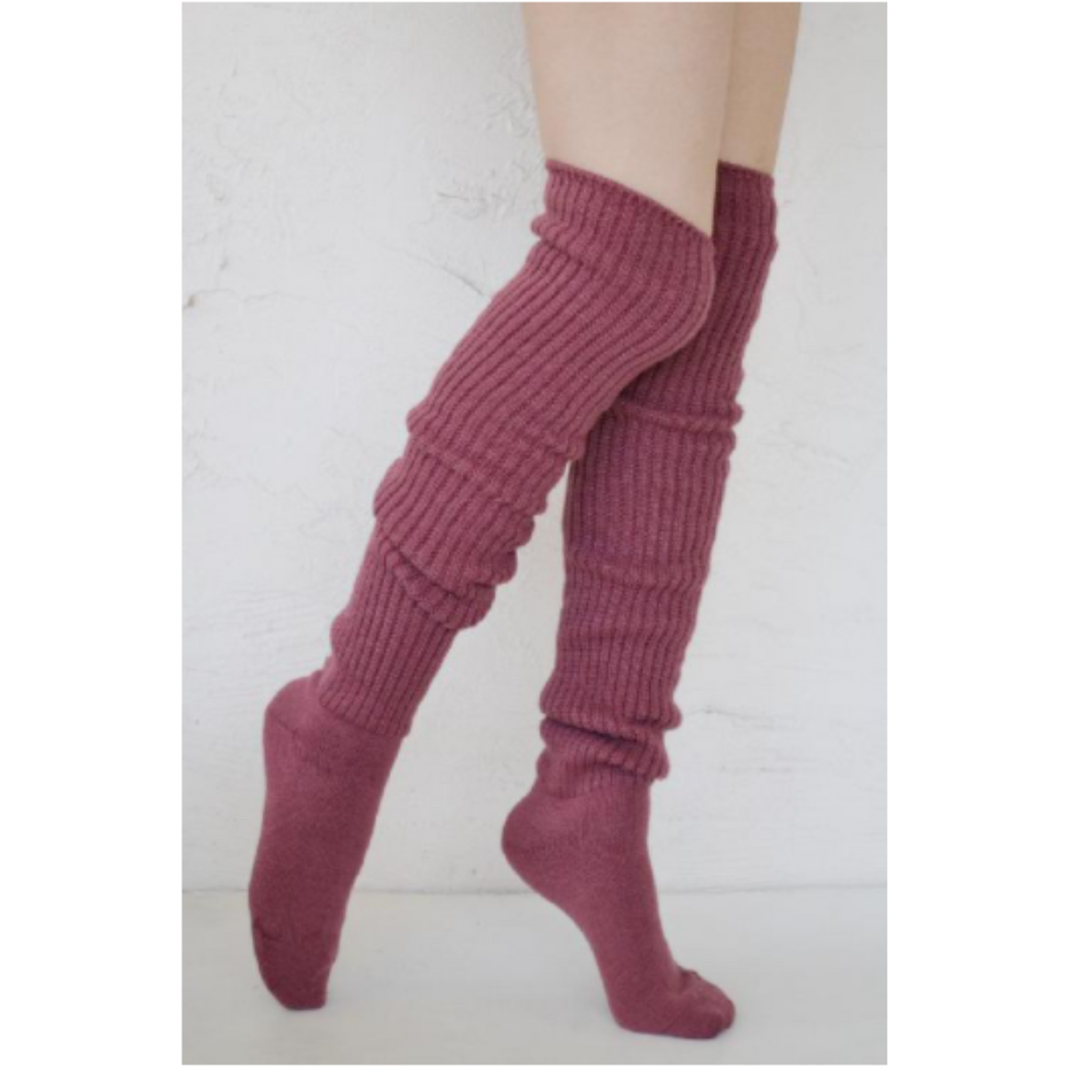 Tabbisocks Scrunchy Over the Knee women&#39;s socks shown in rose color on model.