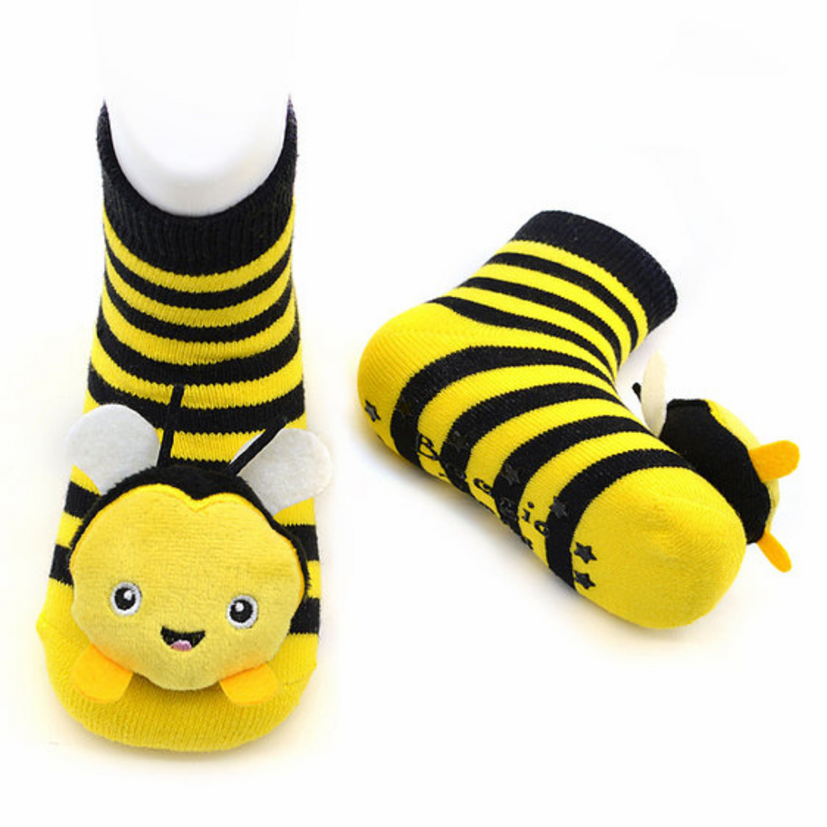 Boogie Toes yellow and black stripe baby socks with grips on the bottom featuring a Bee