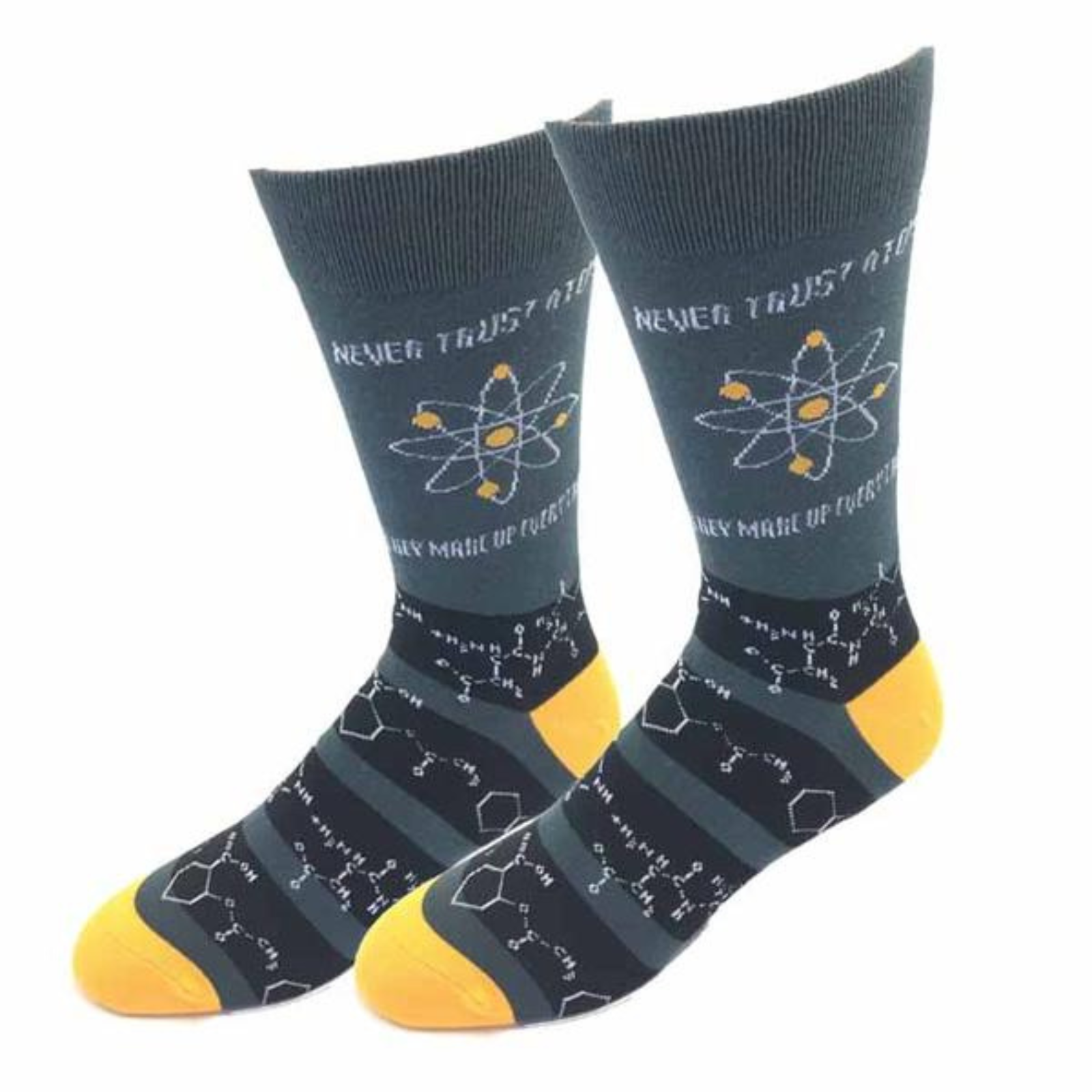 Sock Harbor Never Trust Atoms men's sock featuring gray sock with Never Trust Atoms and chemical composition figures