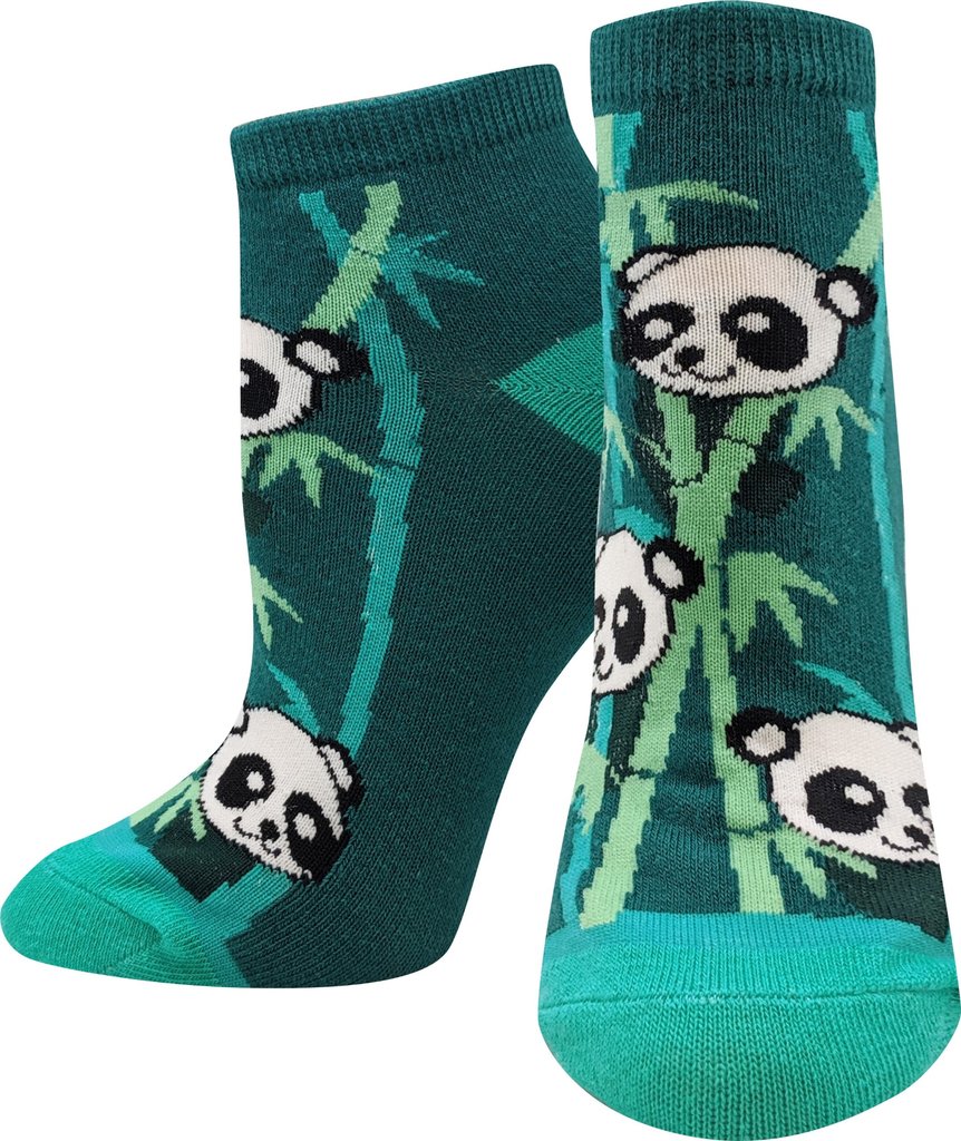 Sock Harbor women's green ankle sock with smiling pandas and bamboo shoots
