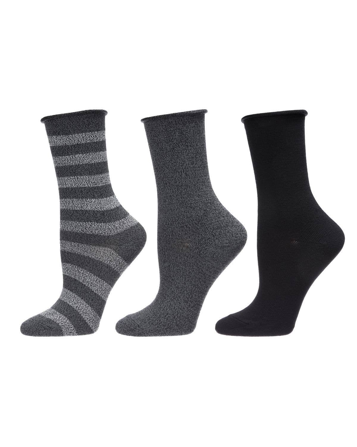 Memoi Stripe Roll Top Buttersoft Crew Sock 3 Pack