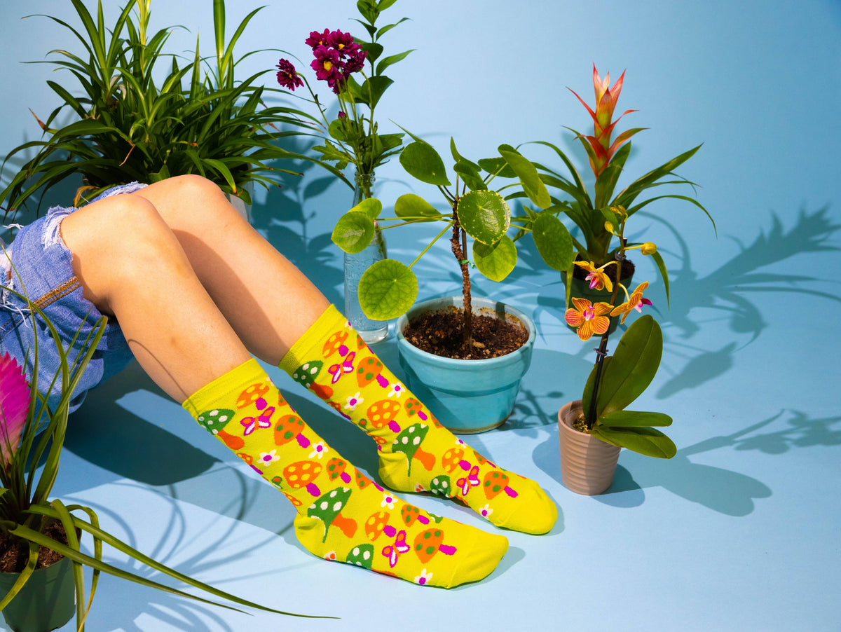 Yellow Owl Mushroom/Mushroom Butterfly Socks - Women's 1970s Retro Crew Socks-SALE