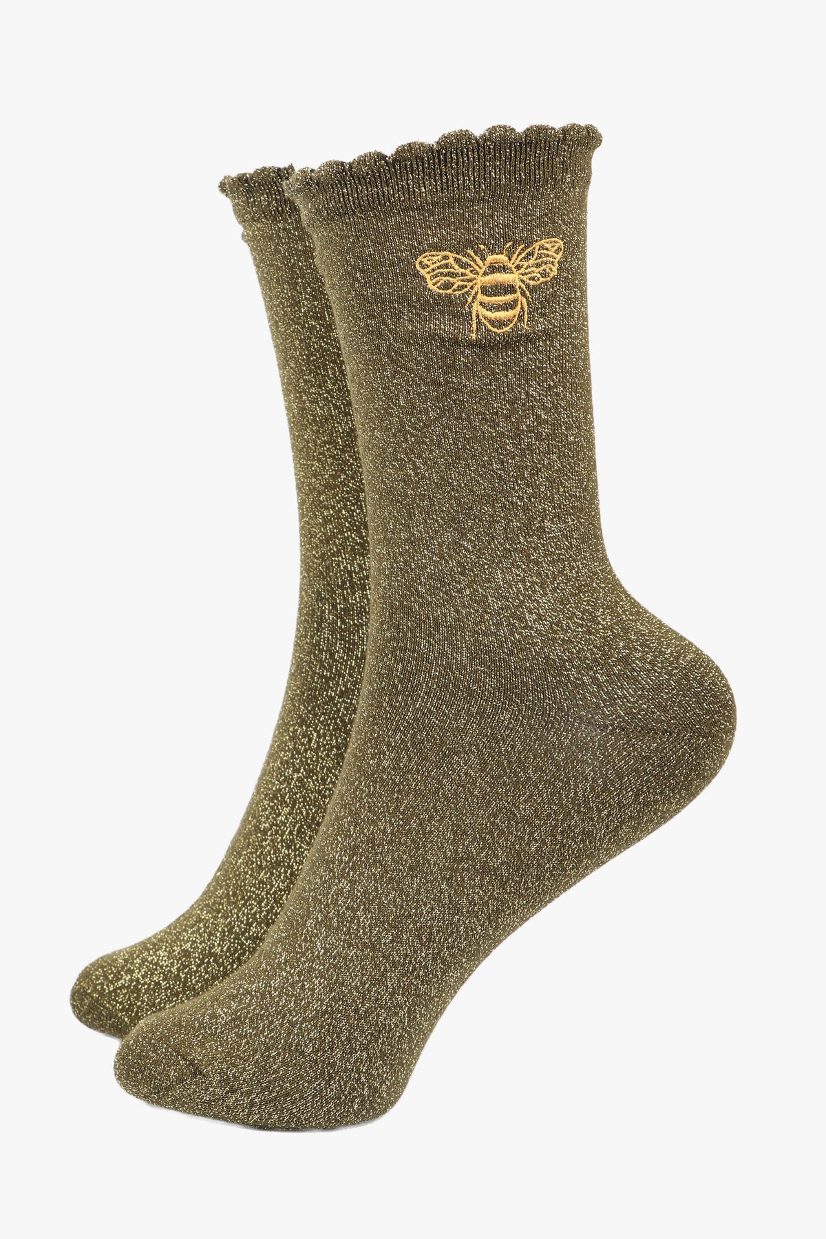 Sock Talk/Khaki Bee Glitter Socks with a Scalloped Cuff