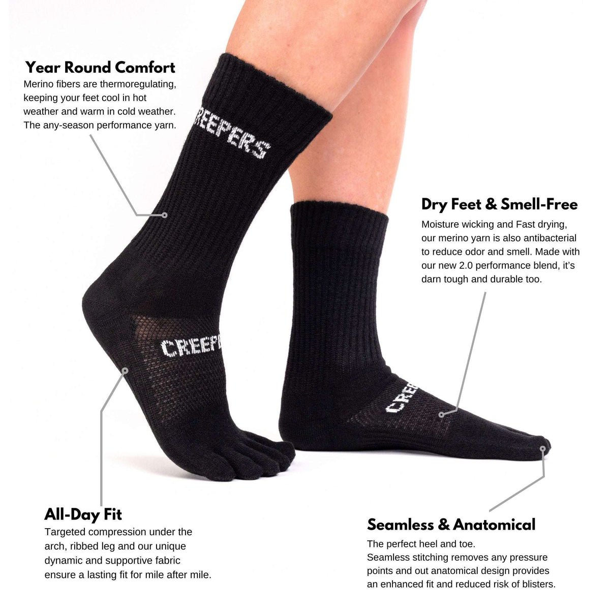 Creepers/Merino Toe socks, Crew Length