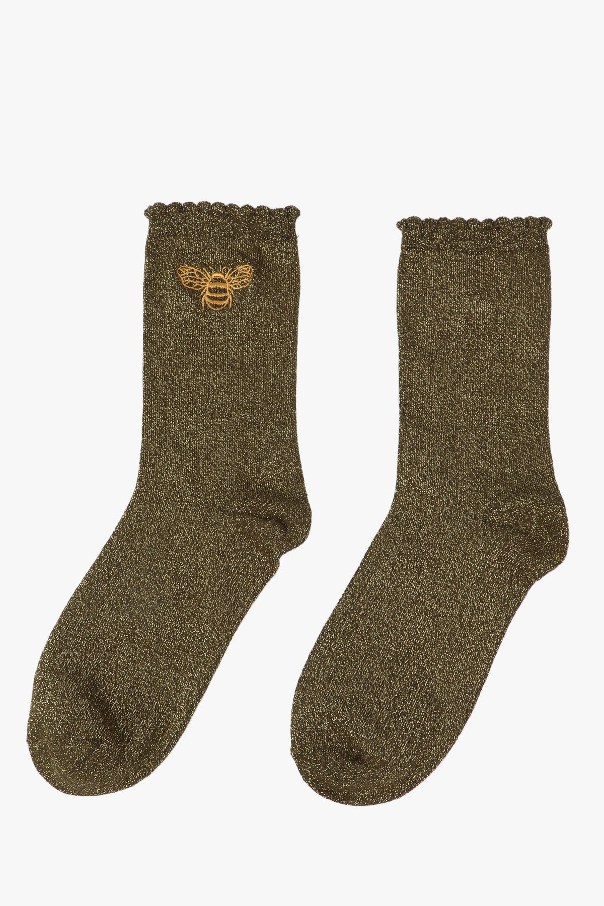 Sock Talk/Khaki Bee Glitter Socks with a Scalloped Cuff