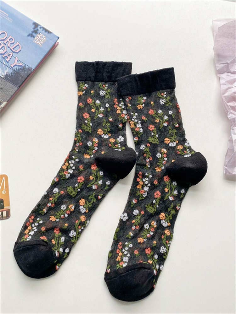 Vintage Women&#39;s Silk Stockings Embroidered Floral Stockings