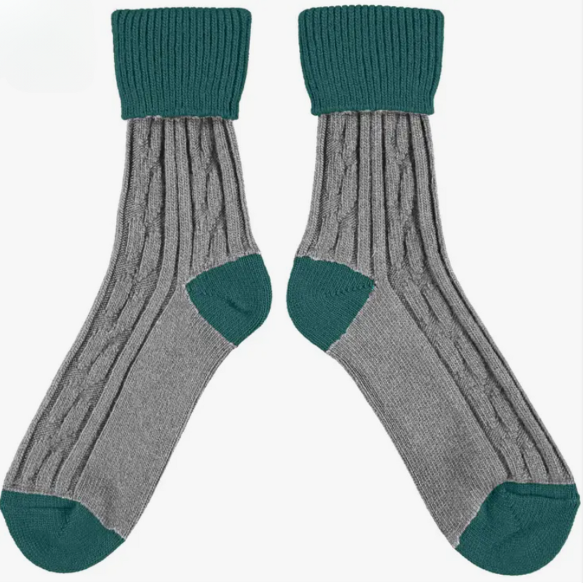 Catherine Tough Slouch Cashmere Blend women&#39;s and men&#39;s crew socks featuring cable knit socks with teal colored cuff, heel and toes and gray colored body. Socks shown on display. 