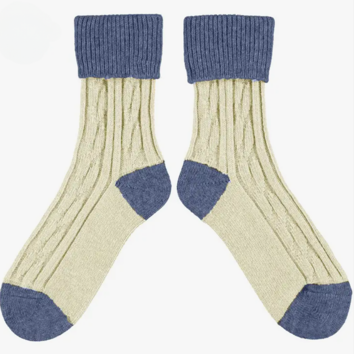 Catherine Tough Slouch Cashmere Blend women&#39;s and men&#39;s crew socks featuring cable knit socks with denim colored cuff, heel and toes and oatmeal colored body. Socks shown on display. 
