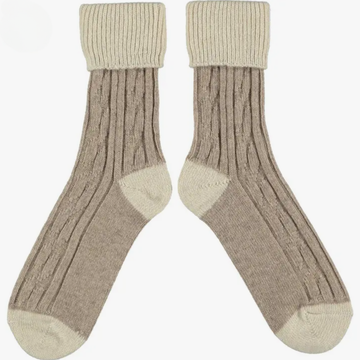 Catherine Tough Slouch Cashmere Blend women&#39;s and men&#39;s crew socks featuring cable knit socks with oatmeal colored cuff, heel and toes and mushroom colored body. Socks shown on display. 