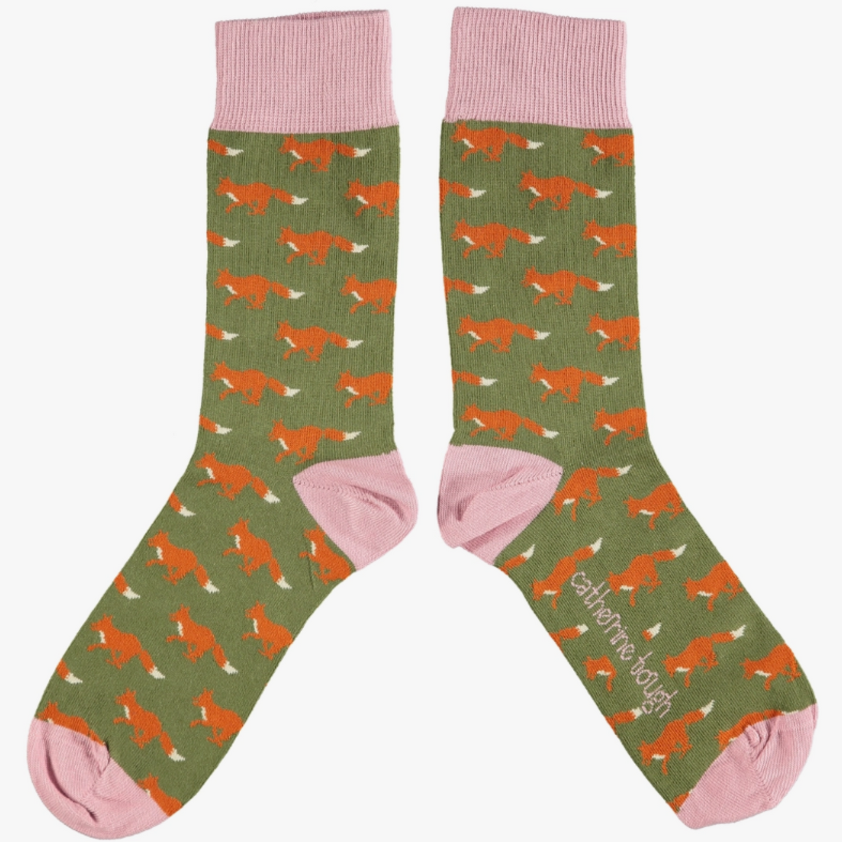 Catherine Tough women&#39;s sock - The design features rusty orange foxes on a khaki base framed with dusky pink rib, heels &amp; toes.