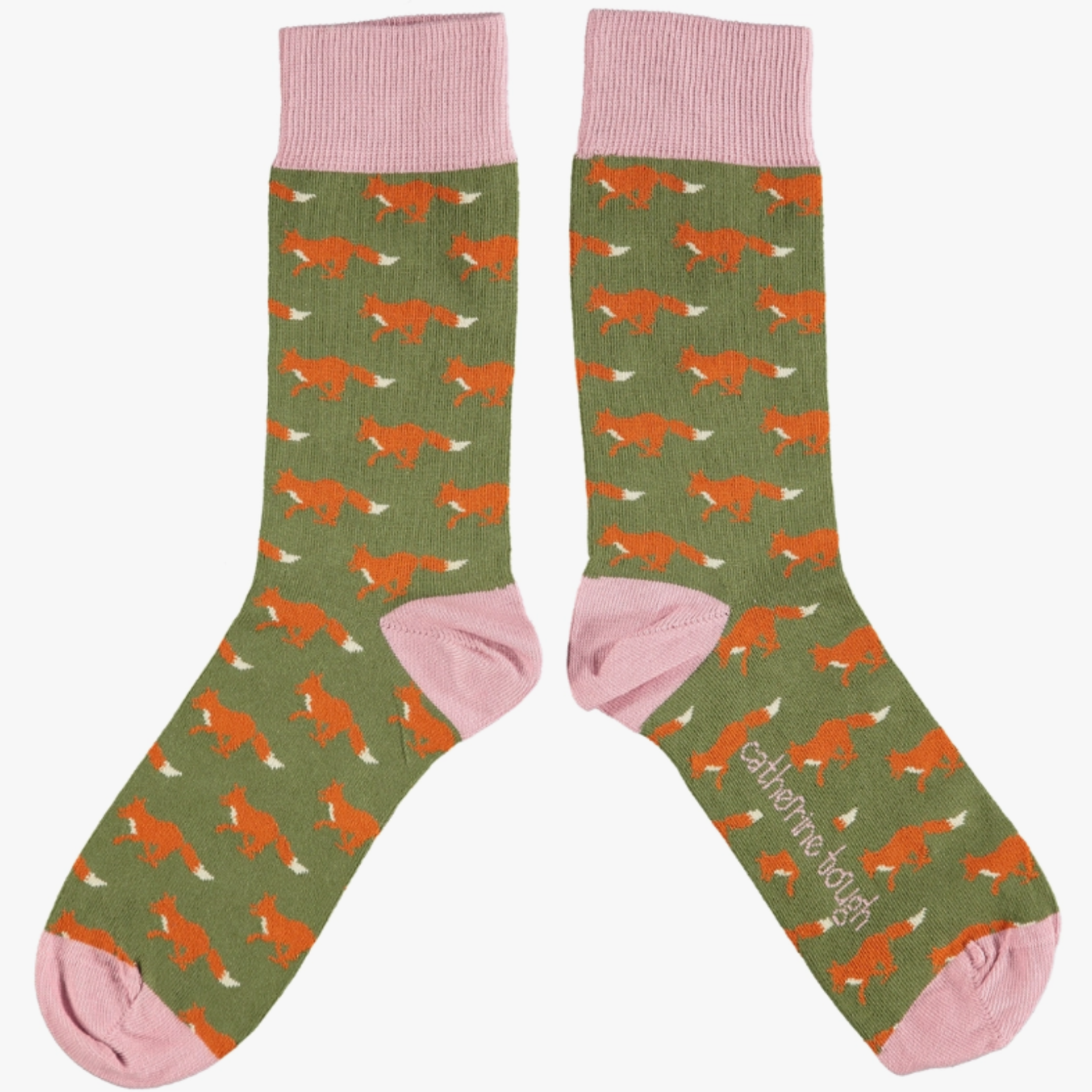 Catherine Tough women's sock - The design features rusty orange foxes on a khaki base framed with dusky pink rib, heels & toes.
