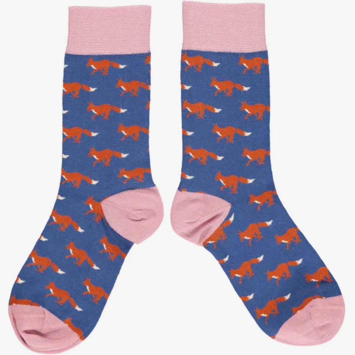 Catherine Tough women&#39;s sock - The design features rusty orange foxes on a navy base framed with dusky pink rib, heels &amp; toes.