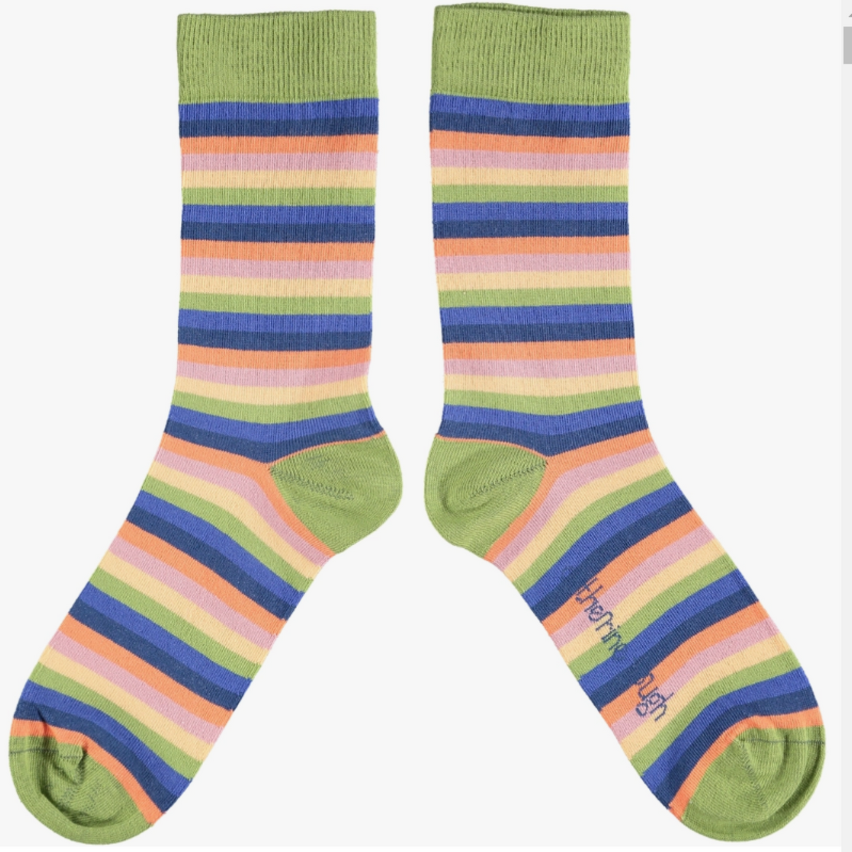 Catherine Tough Multi-Stripe cotton women&#39;s crew socks. The design features blue, green, pink and more stripes framed with soft green cuffs, heels &amp; toes.