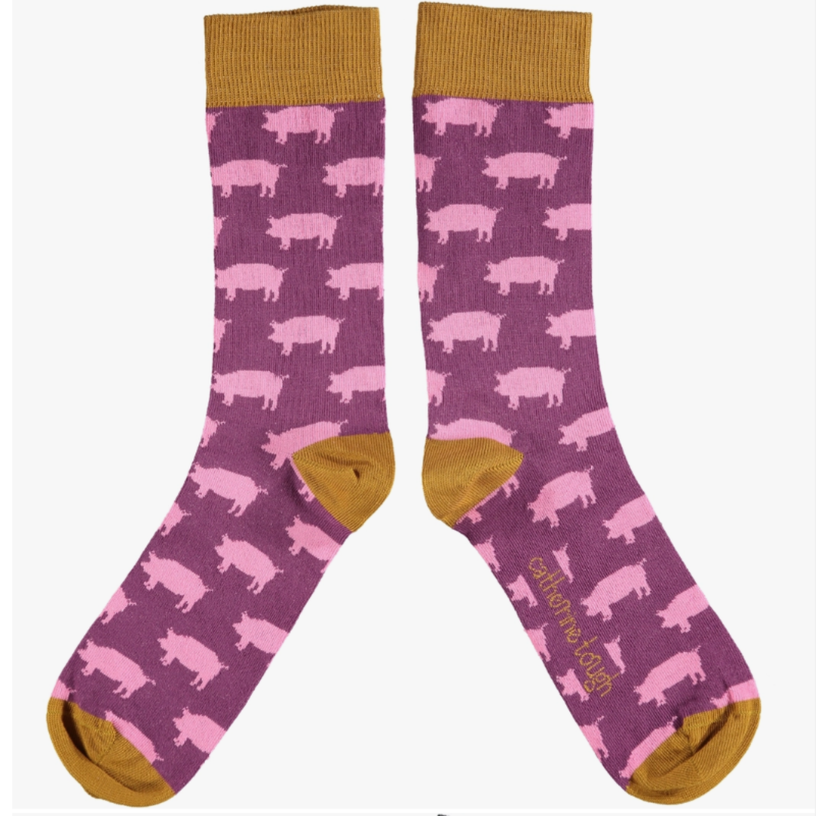 Catherine Tough Pig cotton men's crew socks. The design features pink pigs on a plum base framed with ginger cuffs, heels & toes