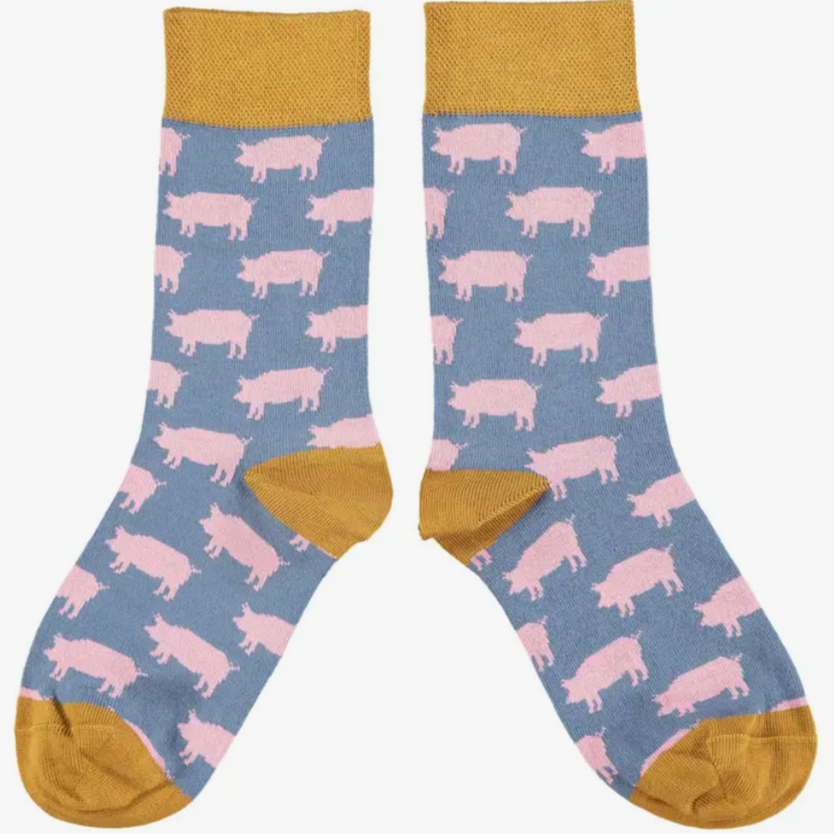 Catherine Tough Pig cotton women&#39;s crew socks featuring pink pigs on a smoky blue background with ginger cuff, heel and toe