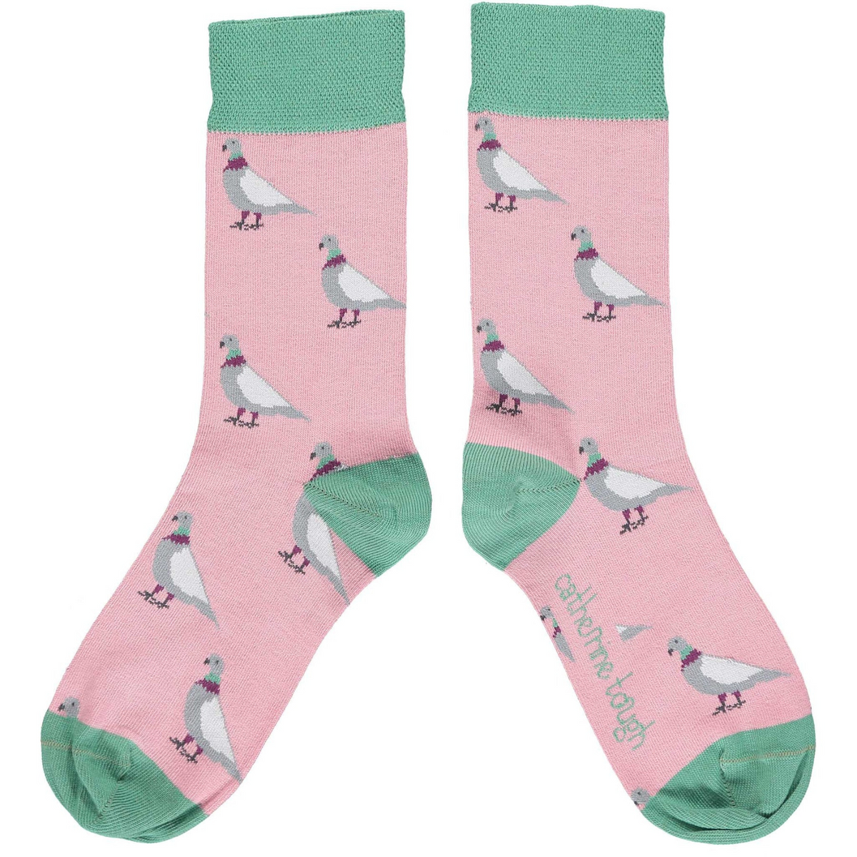 Catherine Tough women&#39;s pigeon socks design features gray pigeons on a pink base framed with soft green cuffs, heels &amp; toes