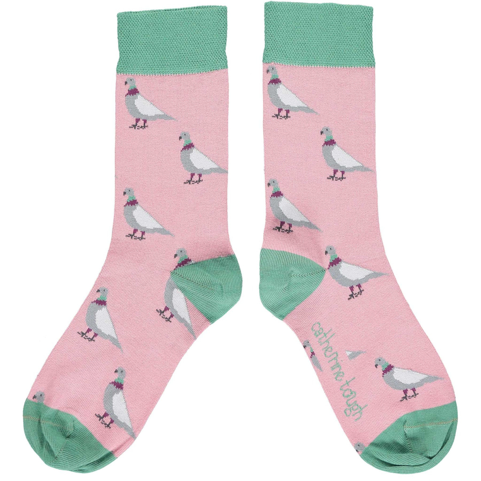 Catherine Tough women's pigeon socks design features gray pigeons on a pink base framed with soft green cuffs, heels & toes