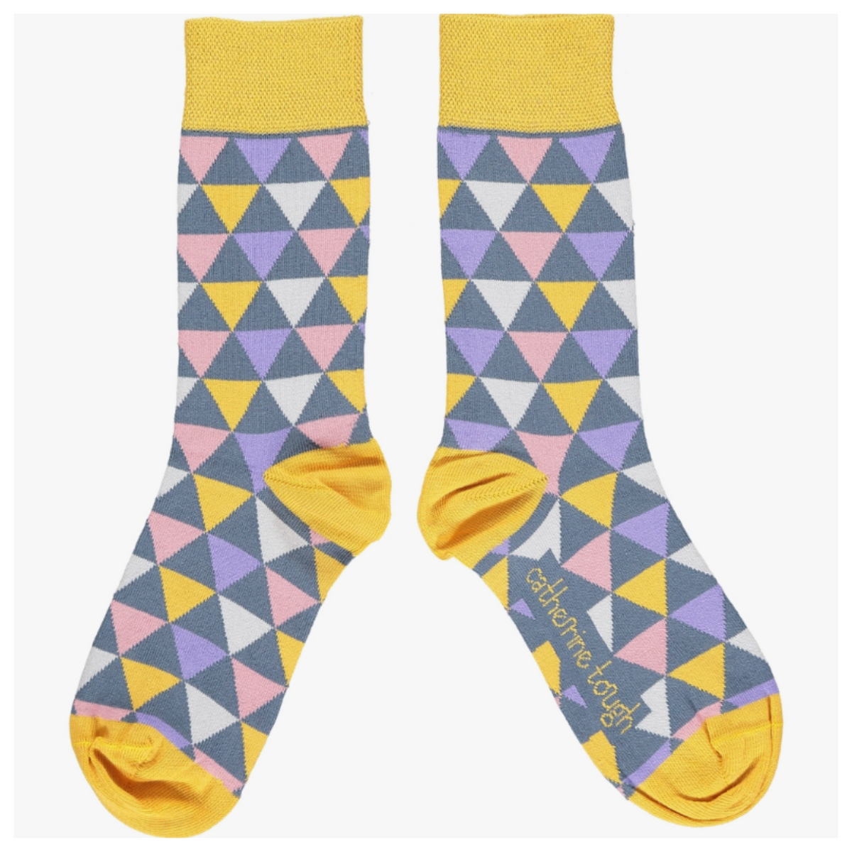 Catherine Tough Triangles cotton women&#39;s crew socks. Sock design features slate, lavender, pink, white, and tumeric triangles with tumeric rib, heels &amp; toes.