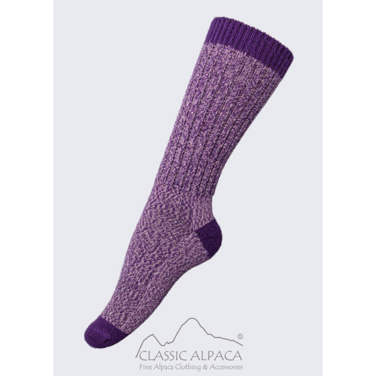 Purple Classic Alpaca Boot Premium women&#39;s and men&#39;s crew sock on display
