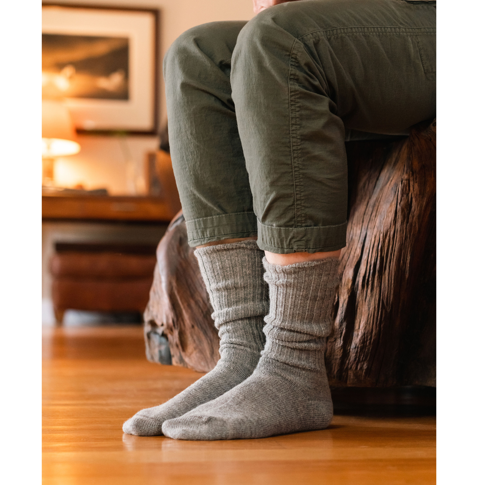 Classic Alpaca Casual women's and men's crew socks in heather gray worn by model inside