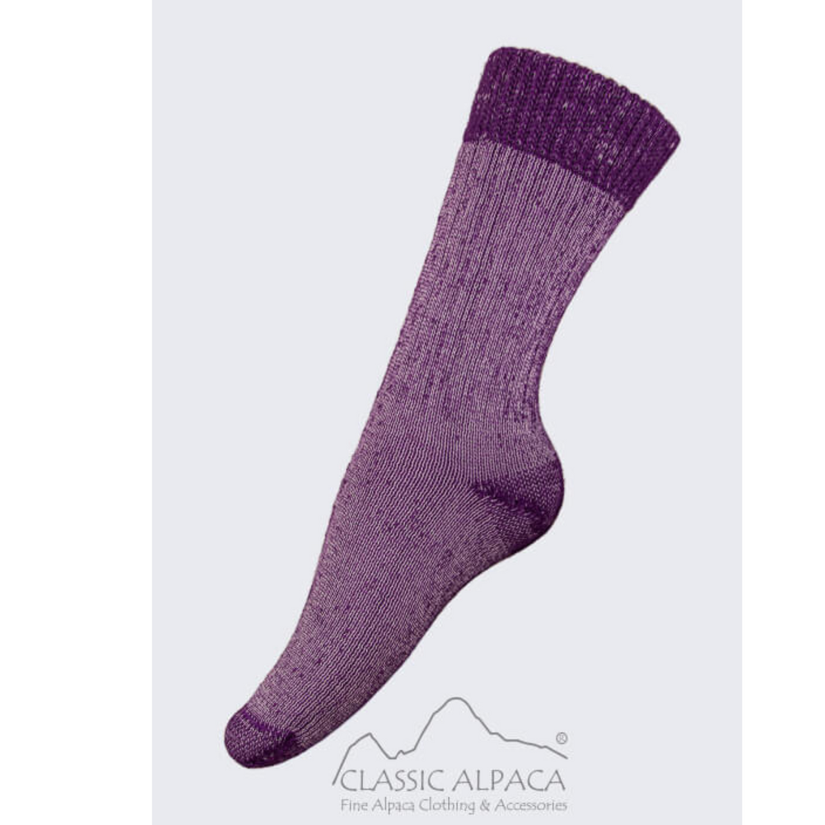 Purple Classic Alpaca Heavy Boot Premium women&#39;s and men&#39;s crew sock on display