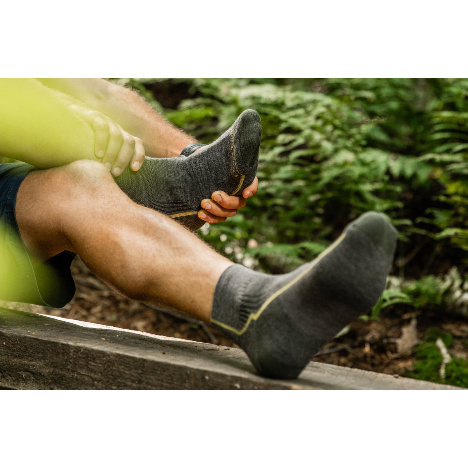 Darn Tough 1959 Quarter Height Midweight with Cushion Hike Men's Sock in taupe worn by model in the forest