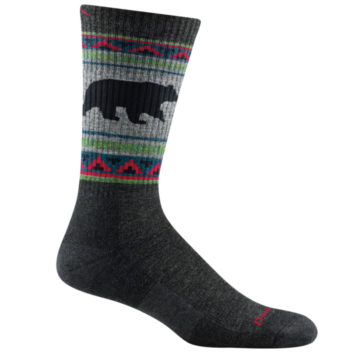 Darn Tough 1980 VanGrizzle Hiker Boot with Full Cushion Midweight Men&#39;s Crew Sock featuring charcoal sock with gray, green, red, and blue pattern around ankle with black bear. Sock shown on display foot. 
