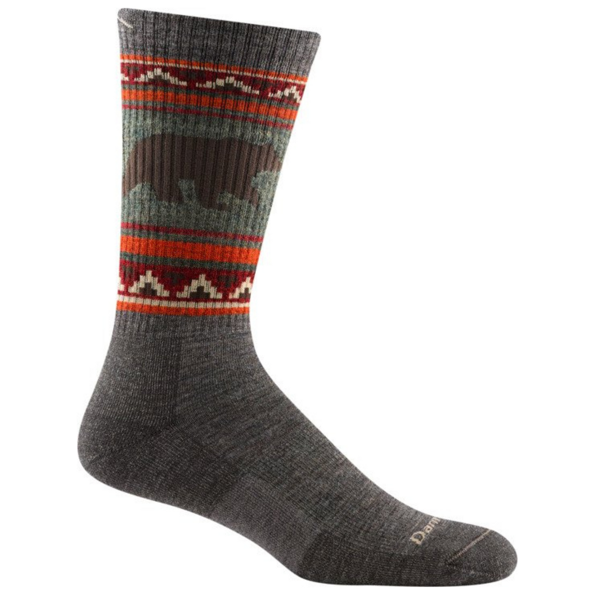 Darn Tough 1980 VanGrizzle Hiker Boot with Full Cushion Midweight Men&#39;s Crew Sock featuring taupe sock with red, orange, and brown pattern around ankle with brown bear. Sock shown on display foot. 