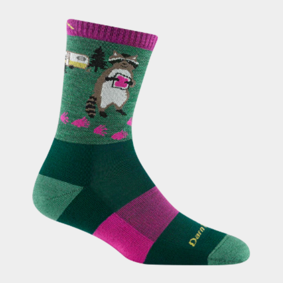 Darn Tough 5001 Critter Club Micro Crew Lightweight Hiking Women&#39;s Sock featuring green sock with purple cuff and raccoon holding jam sandwich. Sock shown on display foot.